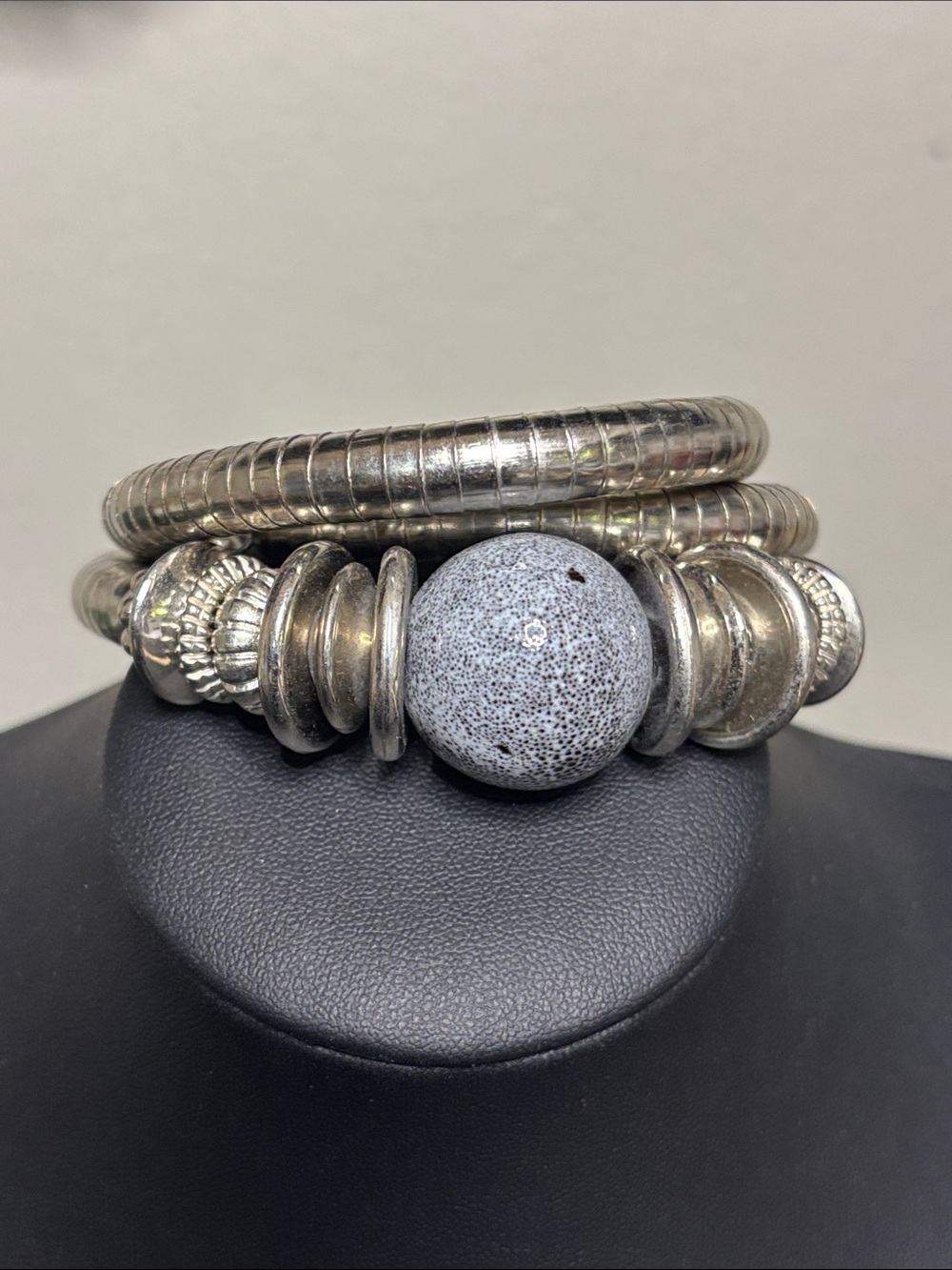 Silver-Tone Boho Statement Beaded Wrap Bracelet Gray Ceramic Speckled Accent